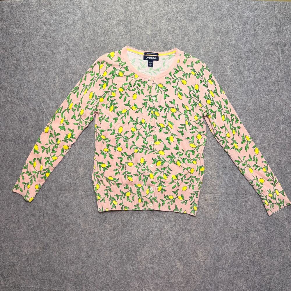 Lands End Womens XS Pink Lemon Print Cardigan Sweater Supima Cotton Button Front